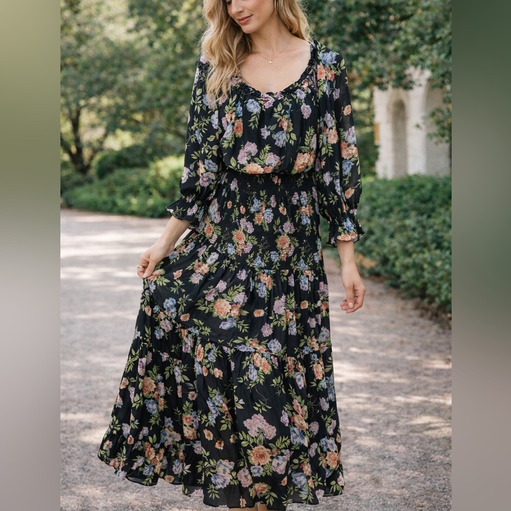 Vici Black Floral Smocked Maxi Dress Size Medium